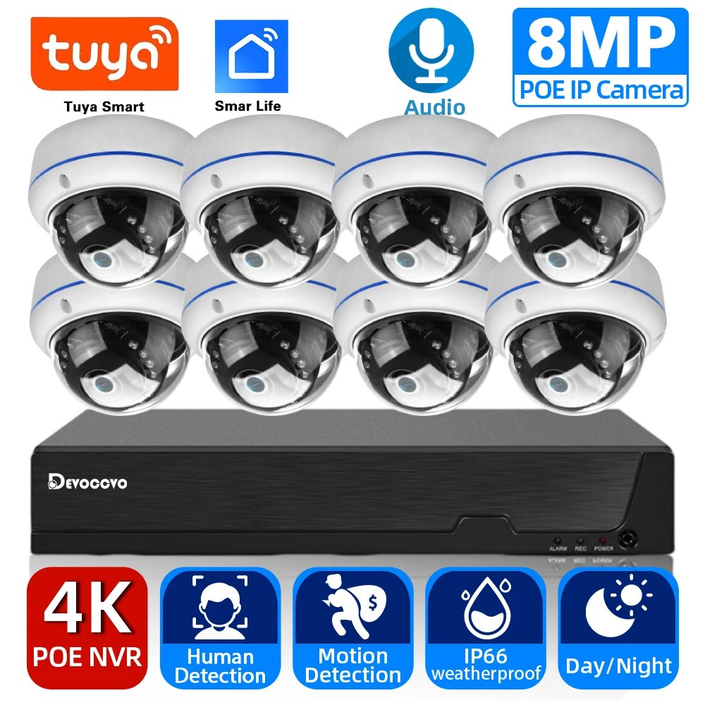 

Tuya 8CH POE NVR Kit 4K POE IP Security Camera Audio Record Indoor Outdoor Dome Waterproof Video Surveillance Set Smart Life 4CH