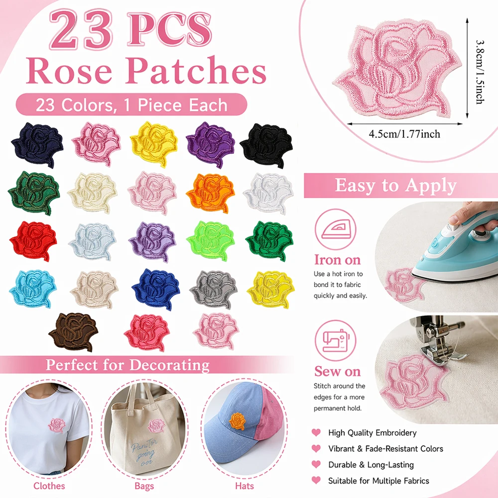 23Pcs Rose Embroidered Patches Iron-on Sew-on Applique, Floral Stickers for Clothing Bags DIY Decoration, 23 Assorted Colors Set