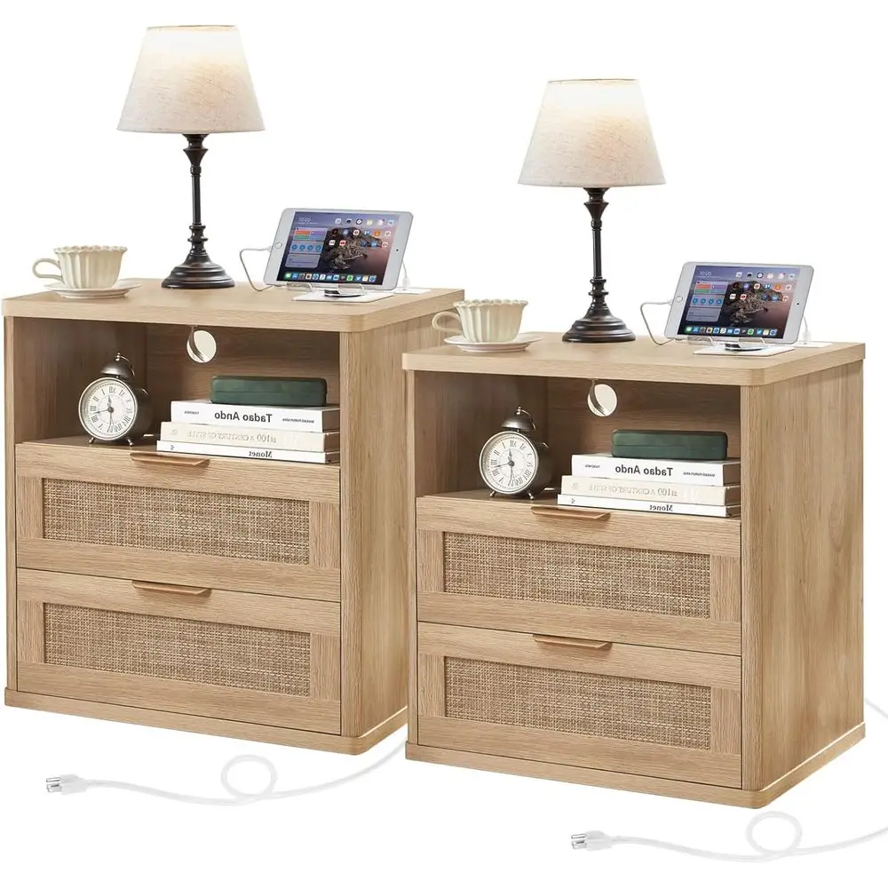 

Прикроватная тумбочка с двумя ящиками и отделкой из натурального дерева, подходит для спальни или гостиной