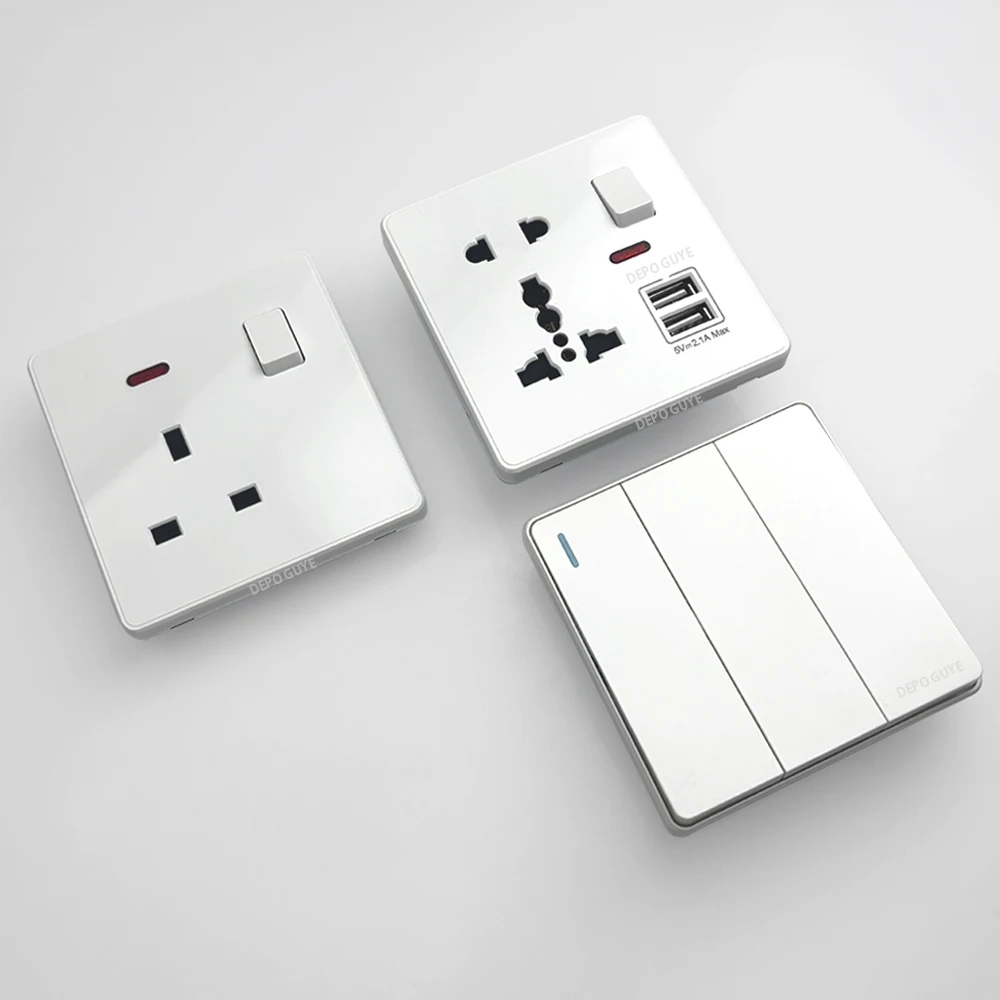 White UK Standard 13A USB Wall Socket Panel,Universal 18W Type-c Quick Charge Socket Plug,Wall Light Switch Electrical outlet