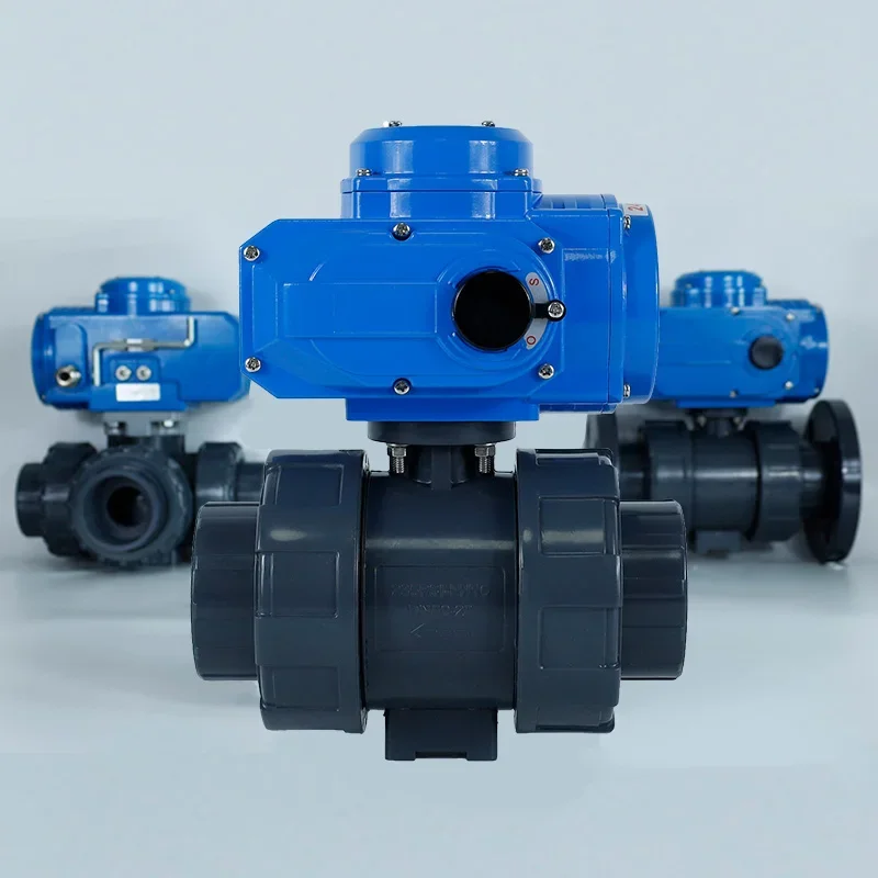 DC24V DN50 2 inch on/off or 4-20ma (0-10v) electric UPVC plastic double pipe rubber socket ball valve