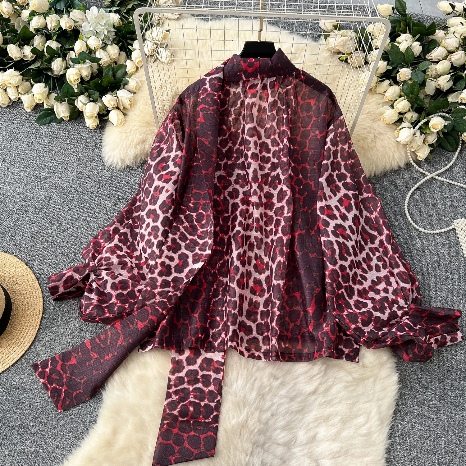 2025 New Autumn Leopard Print Blouse Women Bow Neck Long Sleeves Clothing Y2K Loose Top Korean Shirt