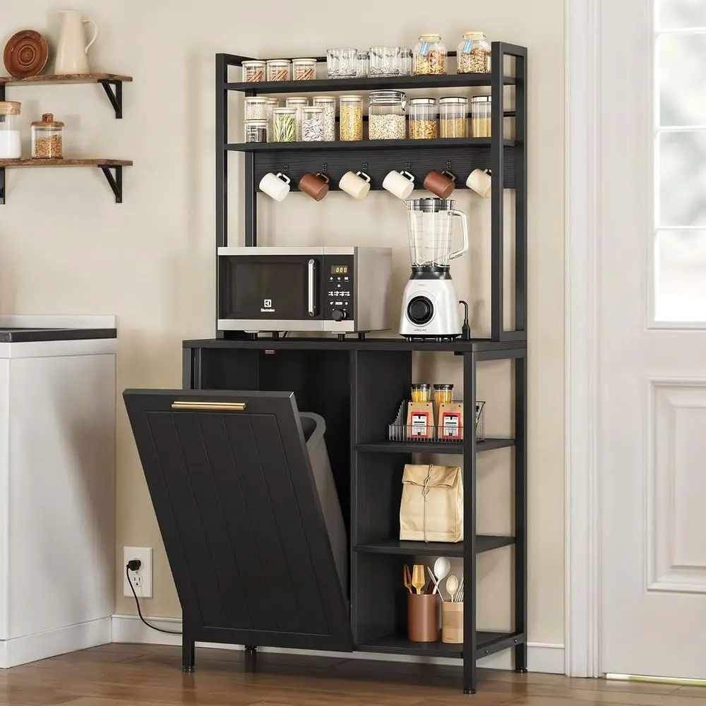 

Bakers Rack with Trash Bin Cabinet, Power Outlet, Microwave Stand with Hooks, 6-Tier Farmhouse Coffee Bar Table with Storage