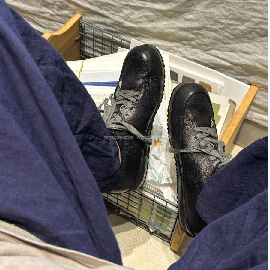 Vintage Distressed Leather Casual Shoes Unisex Curved Toe Big Toe Lace Up Derby Shoes Loafers Retro Literary Comfort Flat Shoes