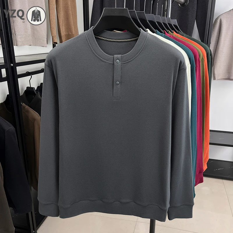 Warm Brushed Knit Henley Long Sleeve Top For Males Crew Neck Half Button Loose Cut Street Style Apparel