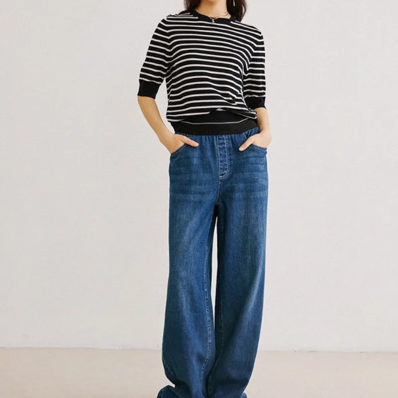 

2023 New Columbus Striped Wool Sweater Navy Blue Striped Top