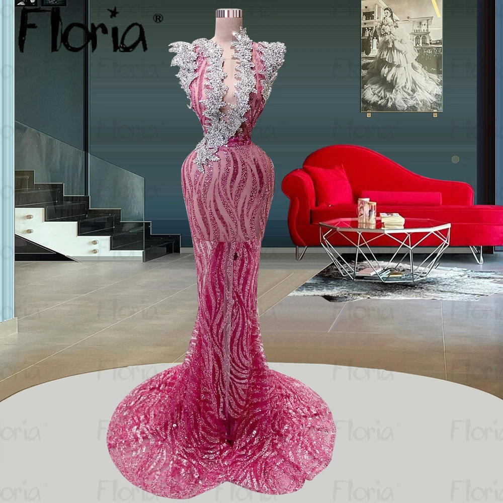 Vestido de fiesta de ilusión rosa de diamantes de imitación de lujo, hombrera sin mangas, maxivestido de sirena recortado, vestidos de cóctel para celebridades