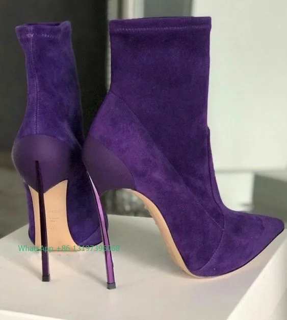 Lady dark purple ankle boots  sexy pointed toe suede blue stiletto high heels large size fashion dress boots footwear