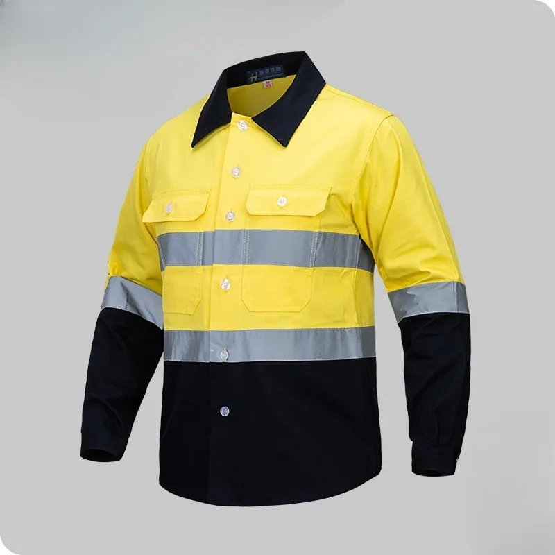 Pure Cotton Long Sleeve Reflective Stripe Work Shirt Construction Site Workshop Engineering Uniform Top