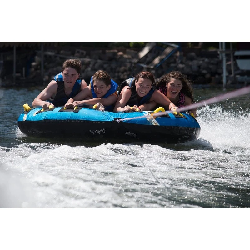 This towable tube for boating is designed for mega fun for 4 riders, with a weight capacity of 680 lbs.