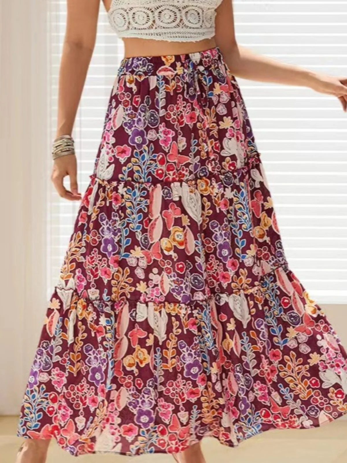 

Юбка миди в богемном стиле для женщин больших размеров, с высокой талией, цветочным принтом, А-силуэта, с подолом, модная, свободного кроя