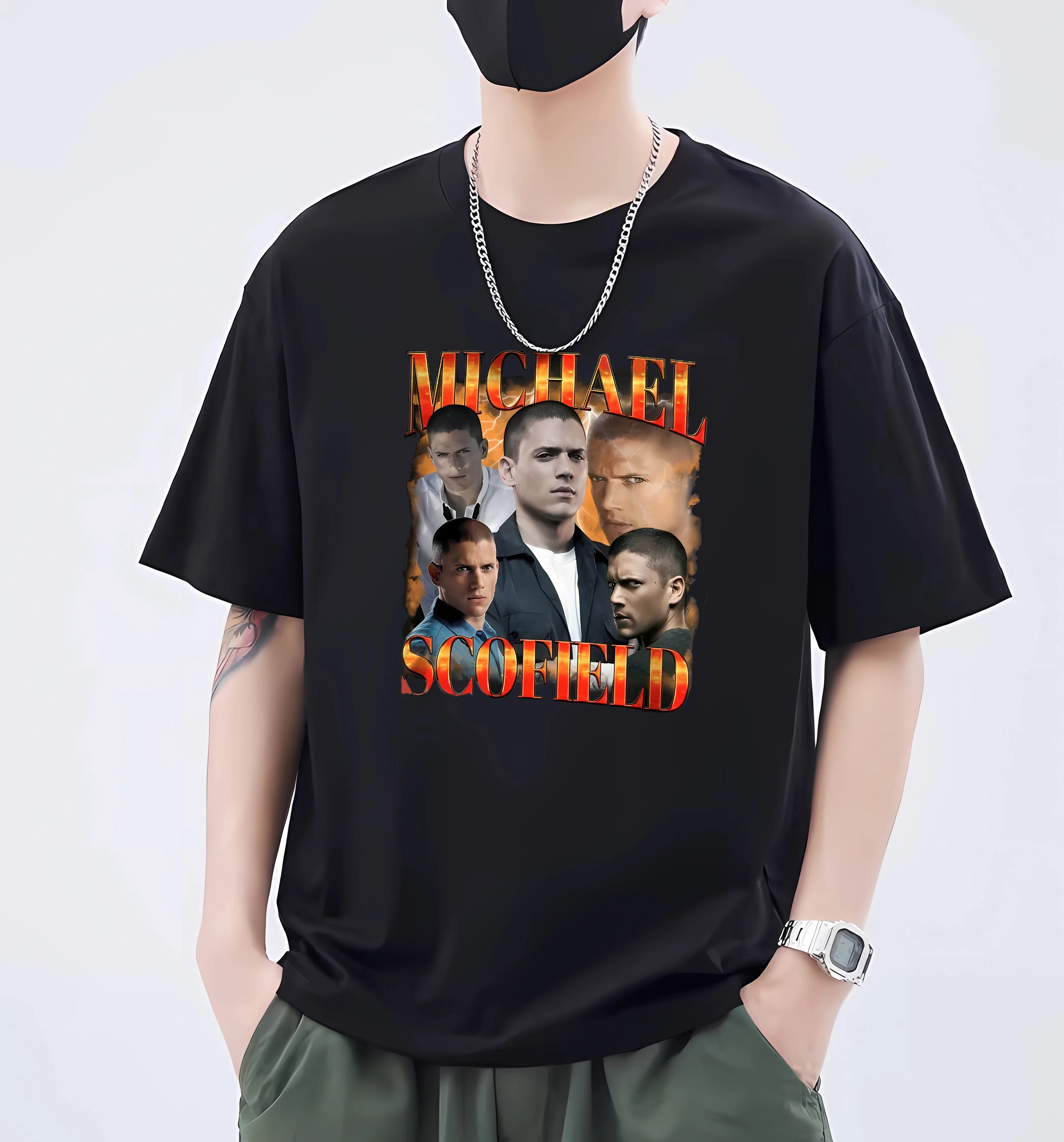 Limited Vintage Michael Scofield Tshirt Prison Break Movie Short-sleev Portrait Printed T-shirt Tops Same Style Tops