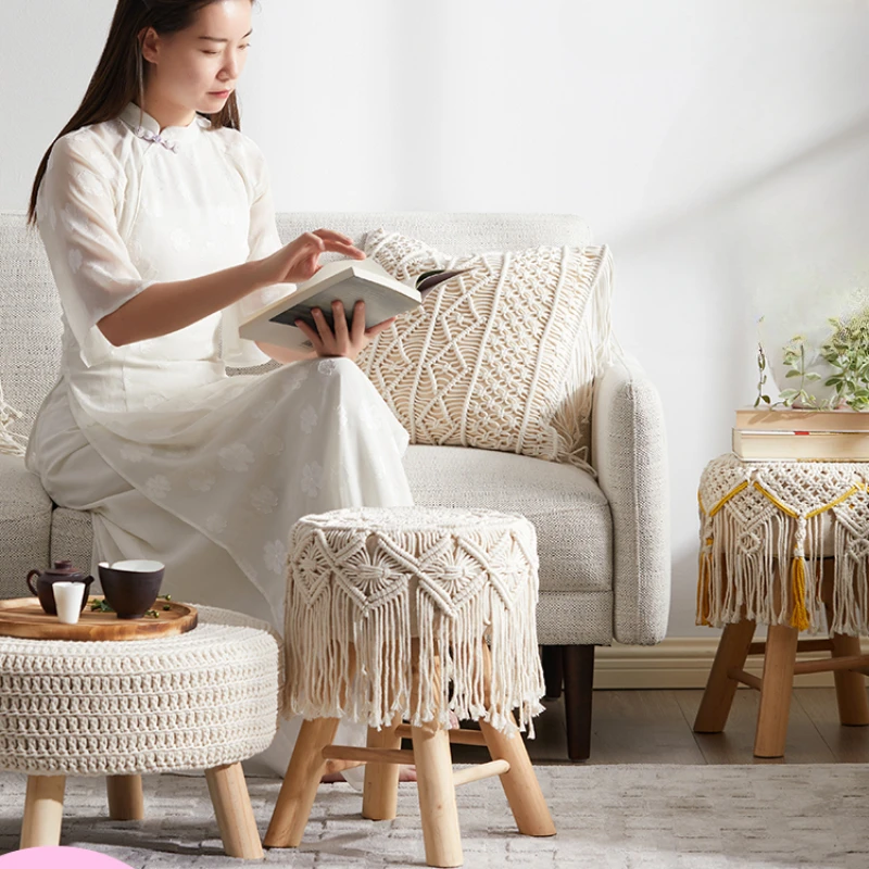 

Solid Wood Round Makeup Stool - Light Luxury Fabric Woven Chair Portable and Durable, Perfect for Vanity Areas