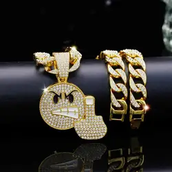 New Emoji Angry Vertical Middle Finger Emoji Pendant with Zircon, Personalized Hip Hop Trendy Necklace