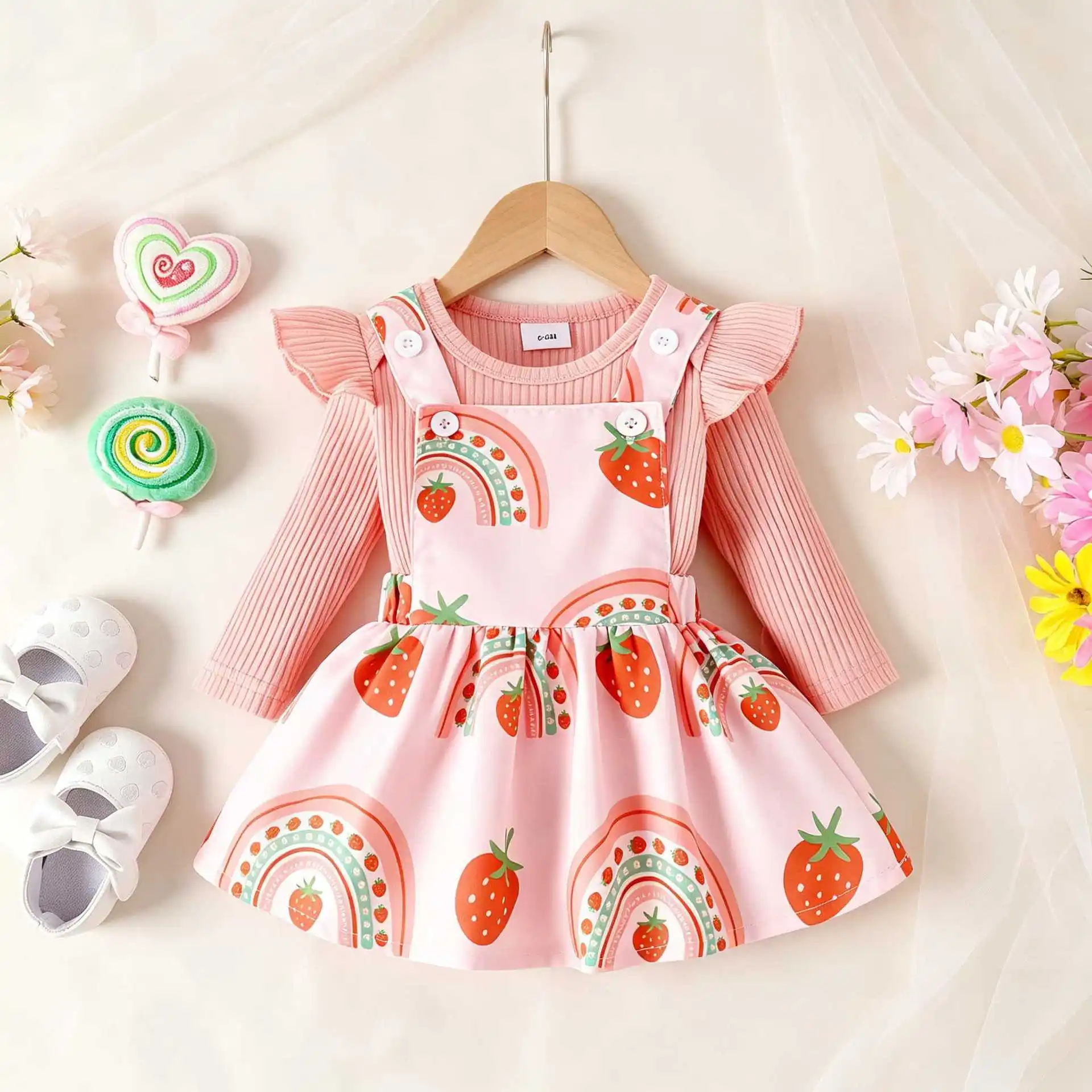 2026 Spring Autumn Baby Set New Flutter Sleeve Ribbed Top Cartoon Print Suspender Skirt Cute Sweet