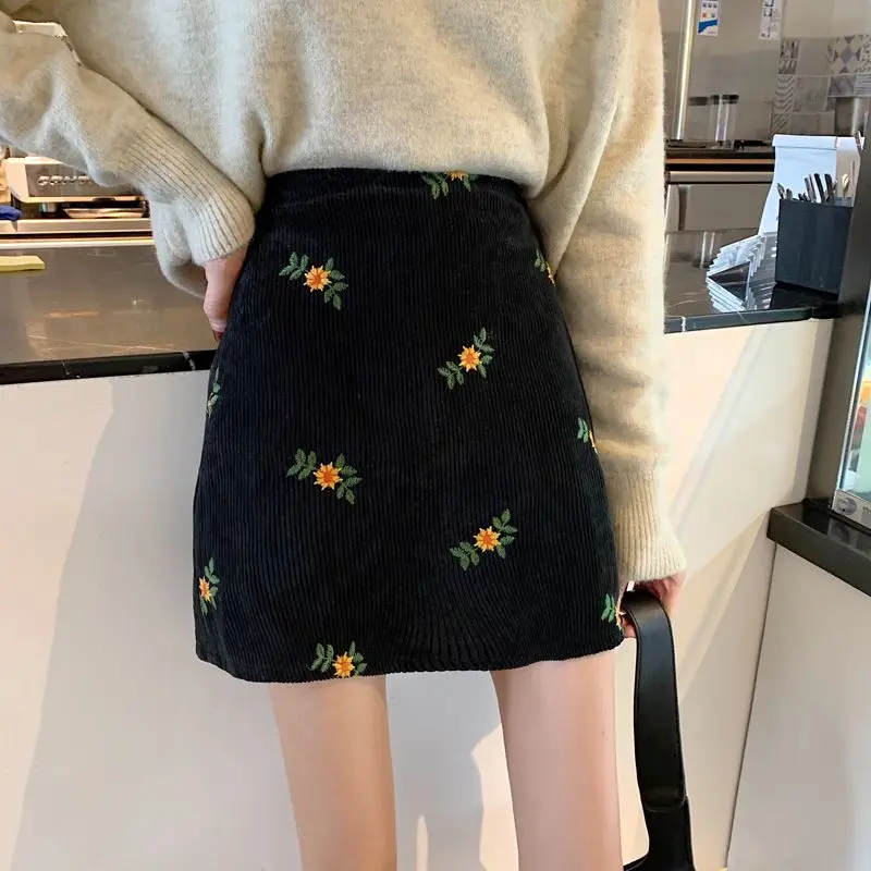 Corduroy Skirt Embroidery Floral High Waist Women Vintage Autumn Winter New Loose Long Skirts Female Hip-Covering Skirt