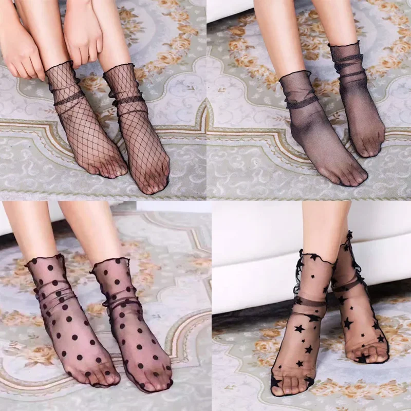 

Summer Sexy Retro Lace Floral Mesh Women Girl Socks Elastic Fashion Lady Soft Short Socks Female Crystal Silk Ultrathin Sock