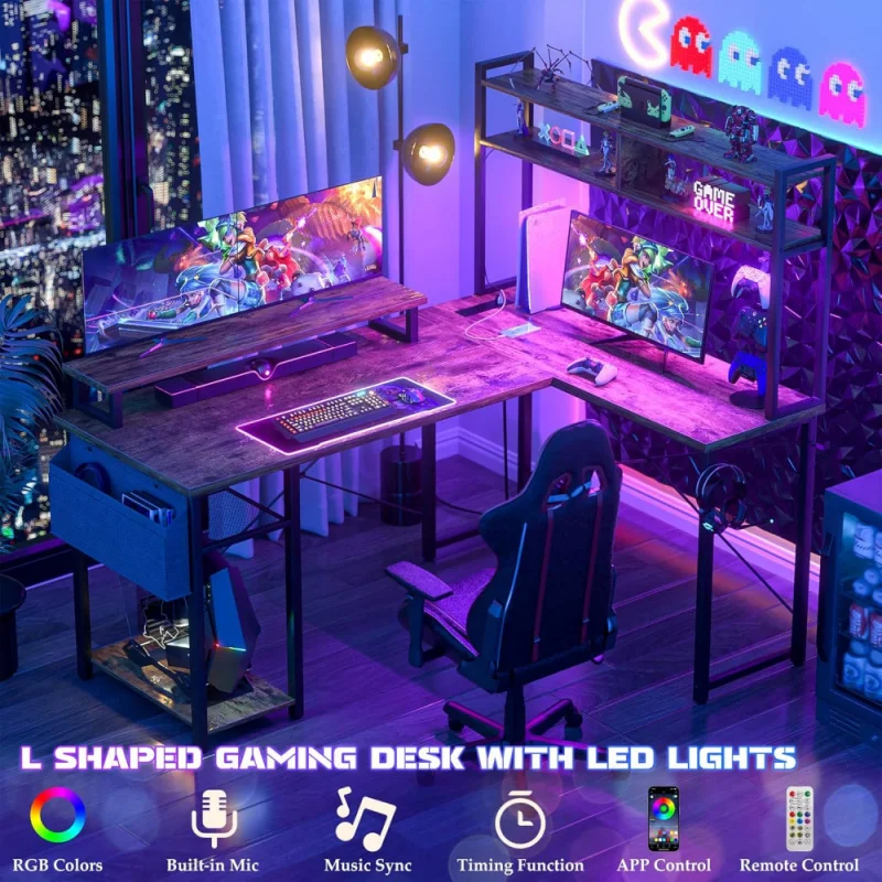 Small L Shaped Gaming Desk with LED Lights & Power Outlets, Reversible L-Shaped Computer Desk with Monitor Stand & Storage