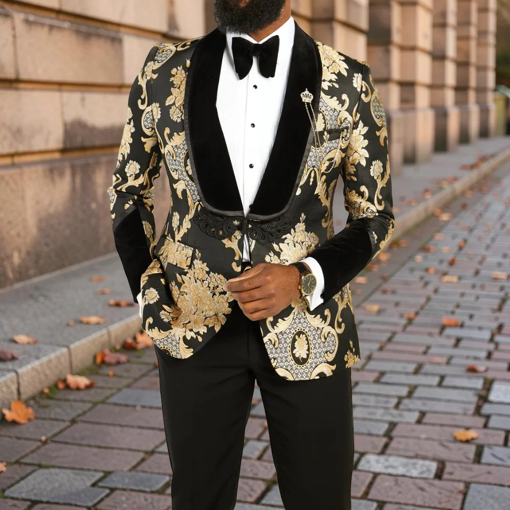 

Floral Prom Men Suits for Wedding Party with Chinese Buttons Custom Made Groom Tuxedo Male Fashion Jacket with Pants