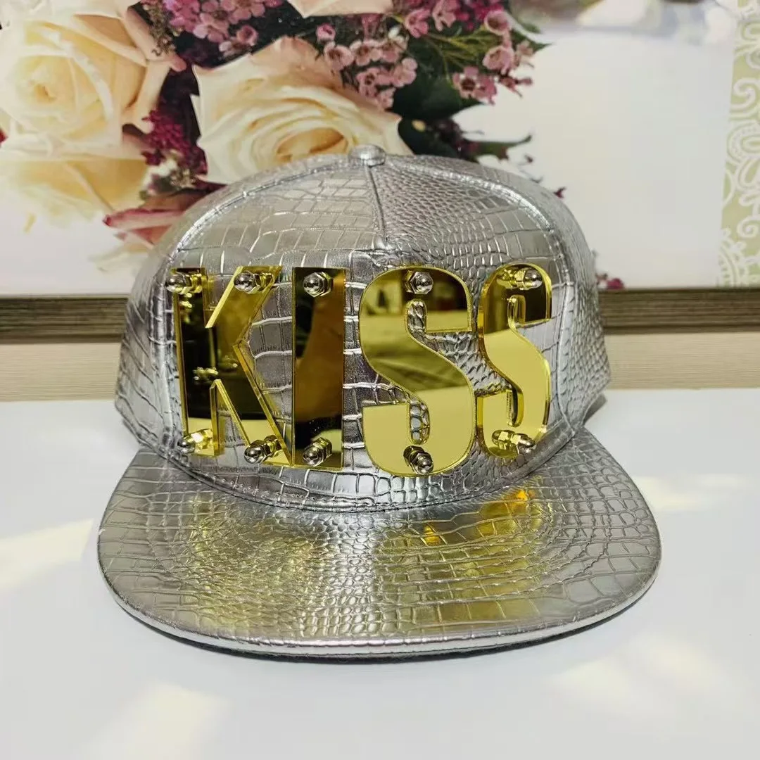 American street fashion handmade heavy industry 4 letter splicing decoration new and unique nightclub performance PU hip-hop hat