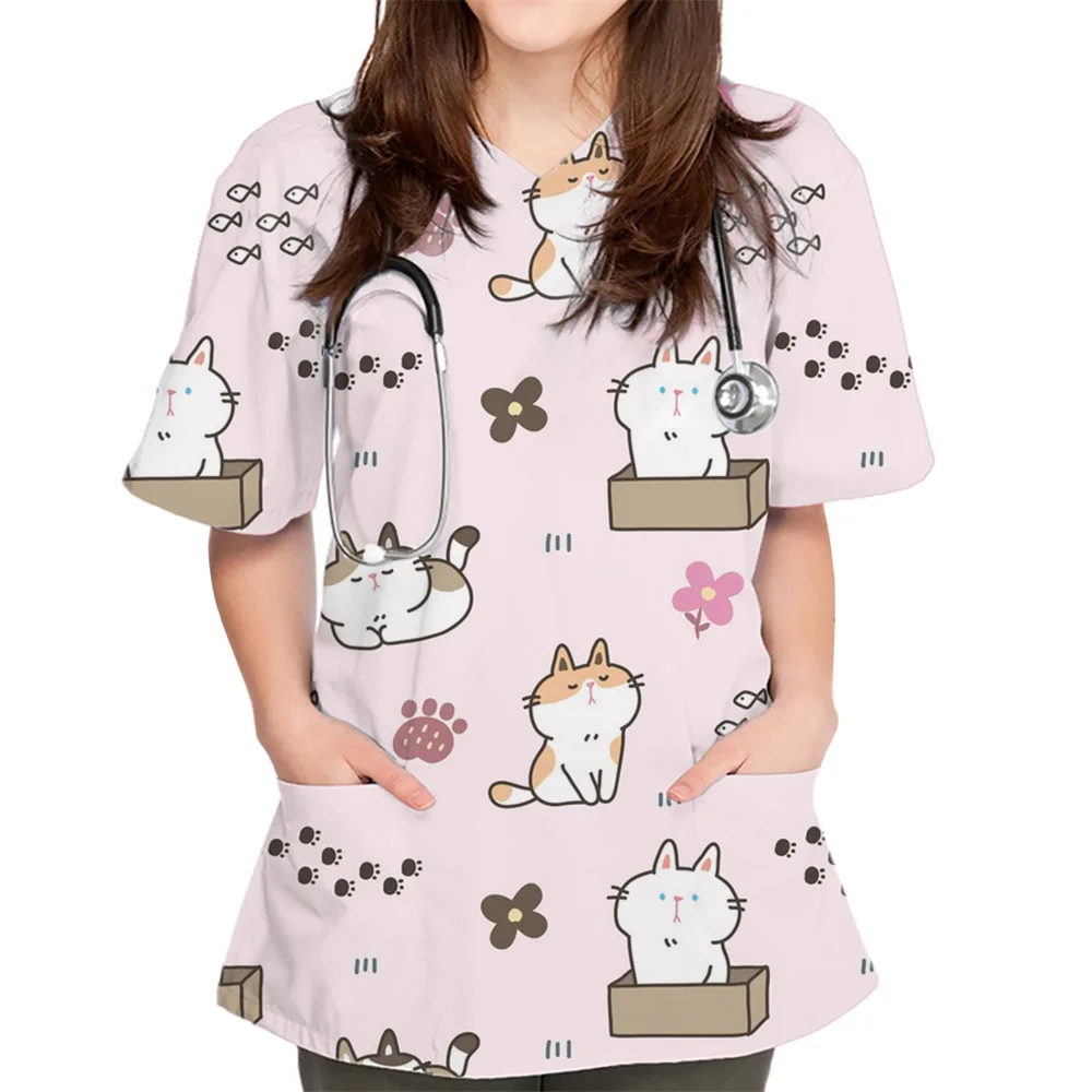 Gato bonito das mulheres Desenhos animados impressão v-Neck Scrub Top, durável, elástico, microbalístico, perfeito para os verões, uniformes de enfermagem