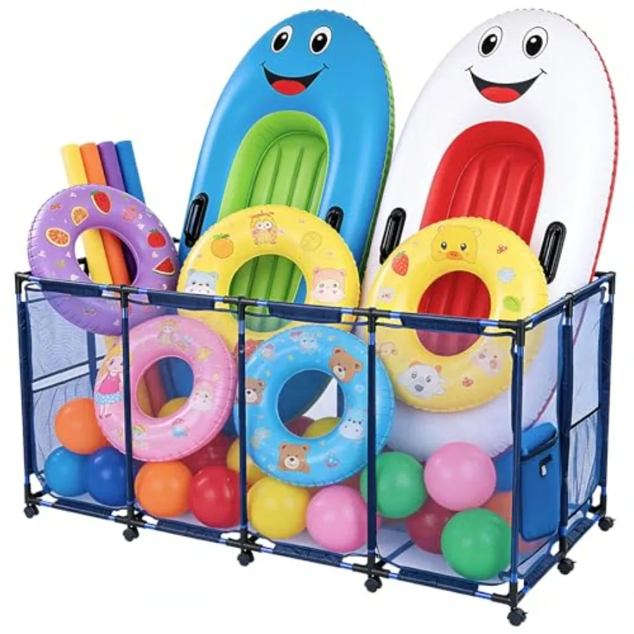 

280 Gallon Pool Float Storage Bin Basket XXX-Large for Toy Raft Noodles Outdoor 65x30x33 Metal Frame 12 Wheels Mesh Net Rolling