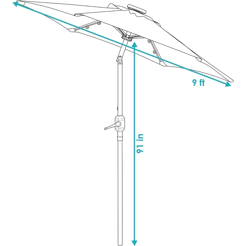 Sunnydaze 9 Foot Outdoor Patio Umbrella with Solar Lights & Tilt/Crank, LED, Awning Stripe