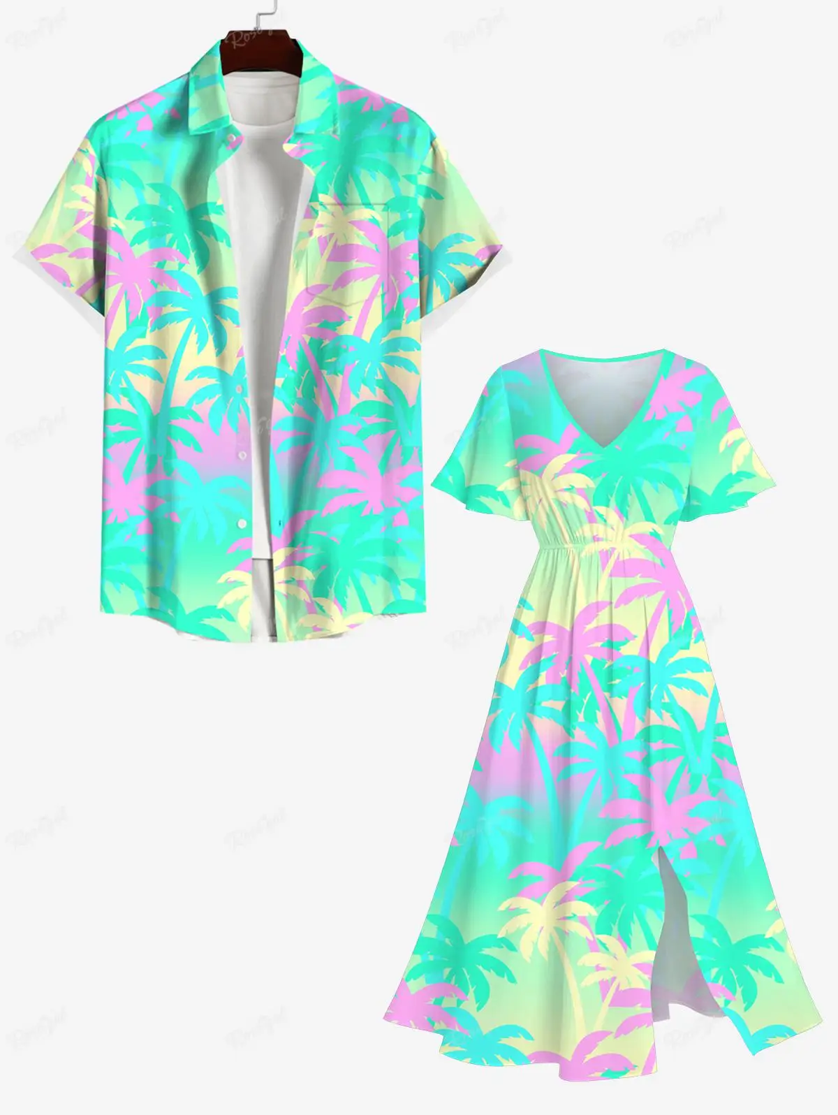 Plus Size Colorful Coconut Tree Ombre Colorblock Printed Hawaii Split Dress And Buttons Pocket Hawaii Shirt For Men