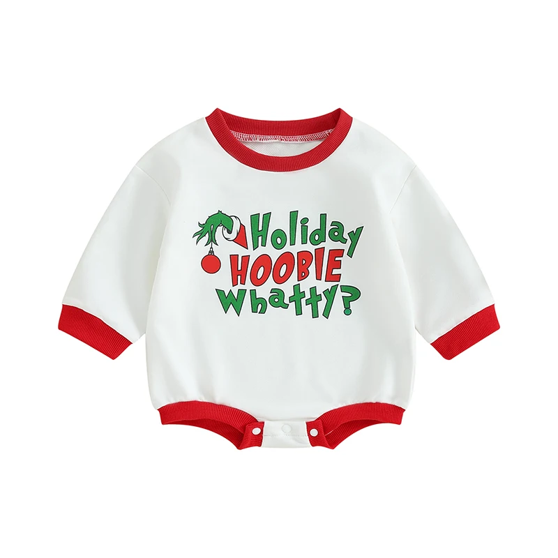 Baby Christmas Romper Long Sleeve Crew Neck Contrast Color Letters Elf Hand Print Fall Bodysuit Clothes for Girls Boys