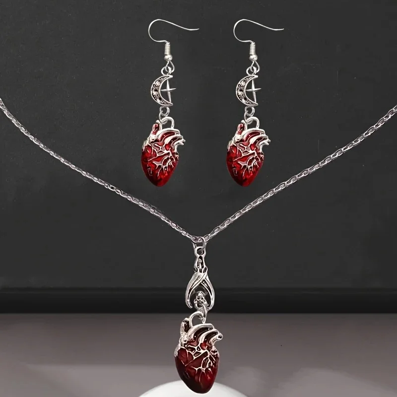 Unique Gothic Bat & Red Heart Pendant Necklace - Anatomical Heart Earrings,Perfect Halloween Accessory for Men, Retro Punk Style