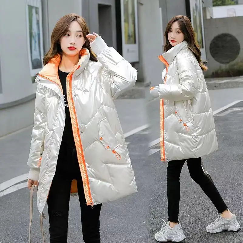 2023 Winter Fashion Jacket Ladies Long Coat Women Shiny Oversize Stand-up Collar Coat Black Warm Parka