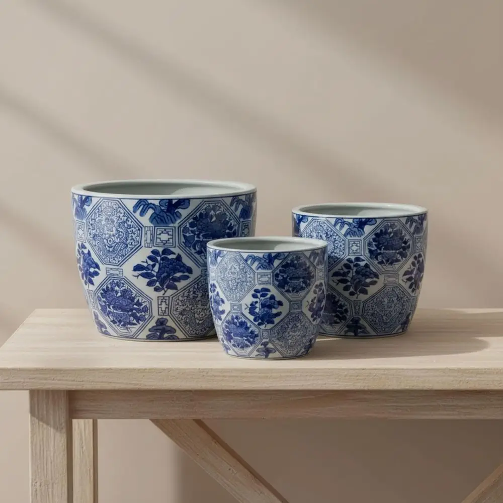 

Set of 3 Plant Pots with Floral Accents, Decorative Indoor/Outdoor Ceramic Planters, Stylish Blue Pots - 8/10/10