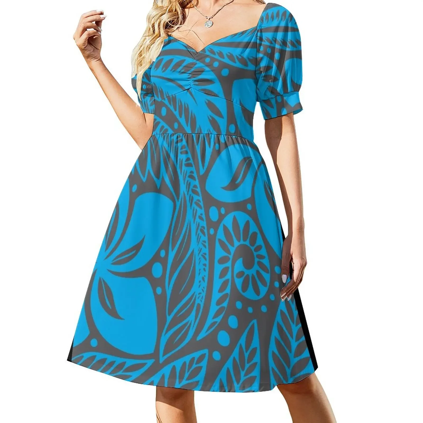 Blue Over Dark Grey Polynesian New Zealand Floral Tattoo Sleeveless Dress Long dress woman Dress