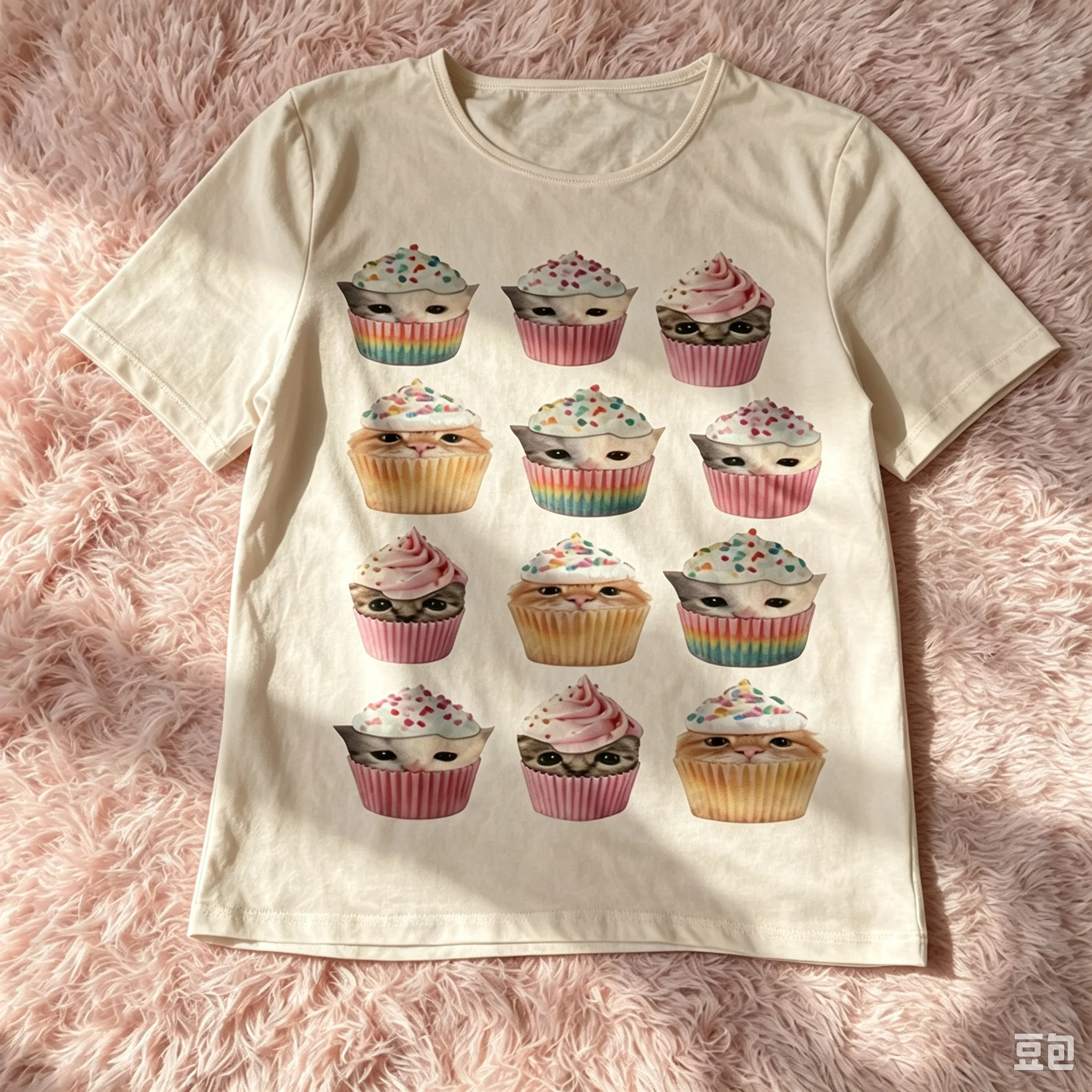Niedliches Katzen-Cupcake-Grafik-T-Shirt für Damen, Kawaii Kätzchen-Gesicht Dessert-Print, Oversized Kurzarm-Freizeit-Baumwoll-T-Shirt für Katzenliebhaber – Detail 3