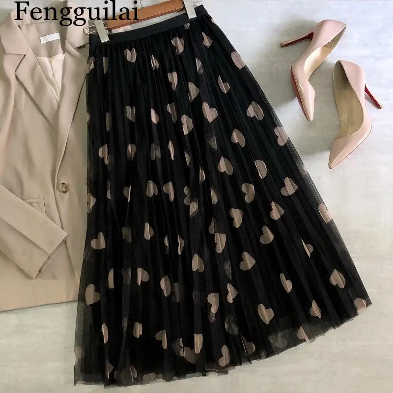 Tulle Maxi Skirt Women Fashion 2026 Spring Summer Heart Print High Waist Pleated Mesh  Long Skirt Female Aesthetic Skirt