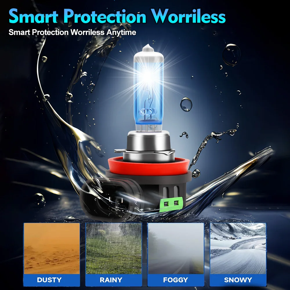 2PCS H11 Halogen Bulbs 100W DC12V Super Bright White Cool Blue Hyper Headlight 6000K Auto Lamp Car Headlights Universal for Car Motors