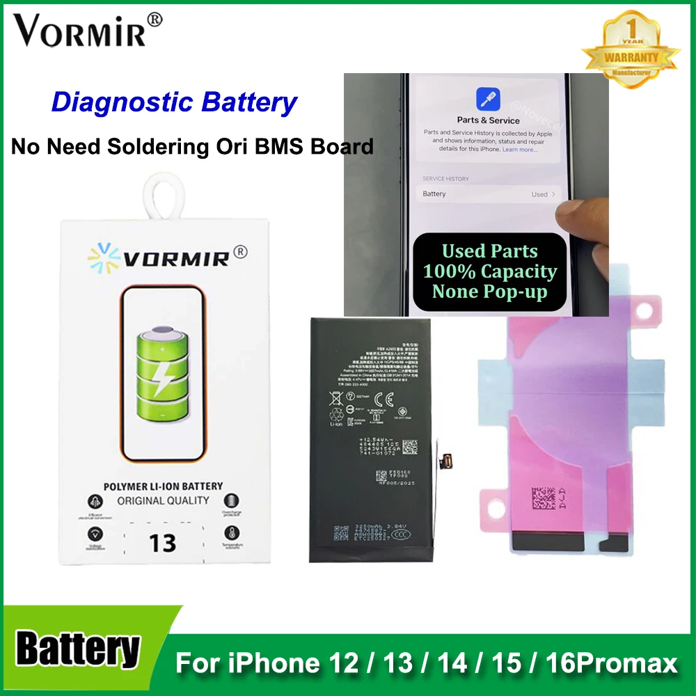 2pcs Vormir Shows 100% Capacity Diagnostic Battery For iPhone 12 13 14Plus 15ProMax Rechargeable Battery No Error Message Pop up