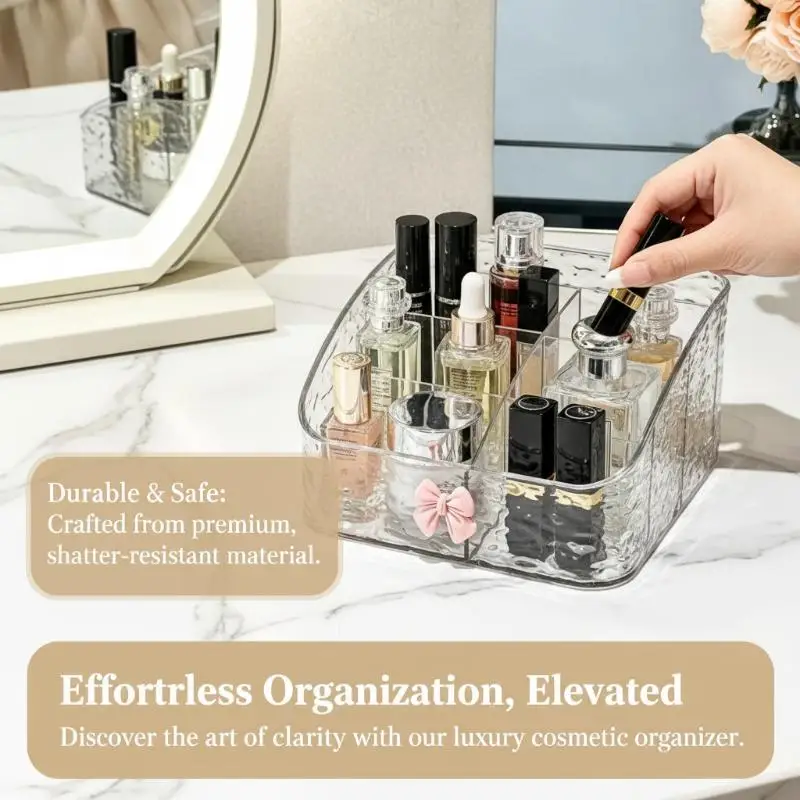 Makeup Organizer Clear Glacier Ripple Divided Compartments Pink Bow Decor Suitable for Small Vanity Bathroom Spaces