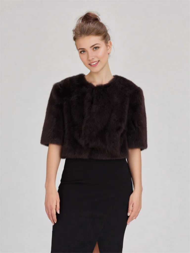 Women's Thick Warm Faux Fur Cropped Jacket, O Neck, Short Sleeve, Female Outerwear, Chic Tops, Fashion, Brand Coat Short Jacket