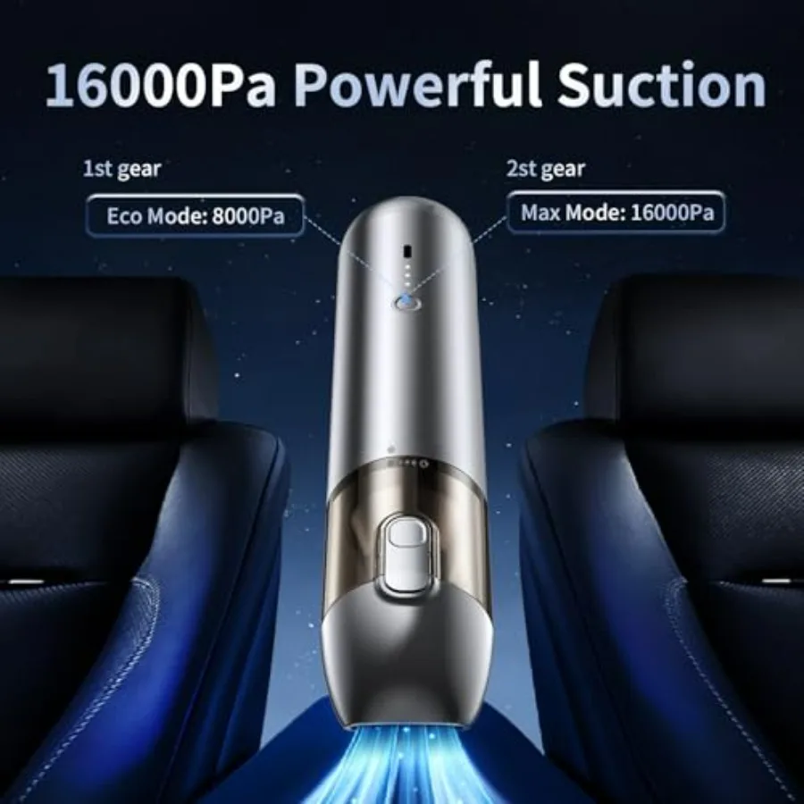 Car and home handheld vacuum: grey metal cordless 4-in-1 with brushless motor, 16000Pa suction, rechargeable for cars, offices,