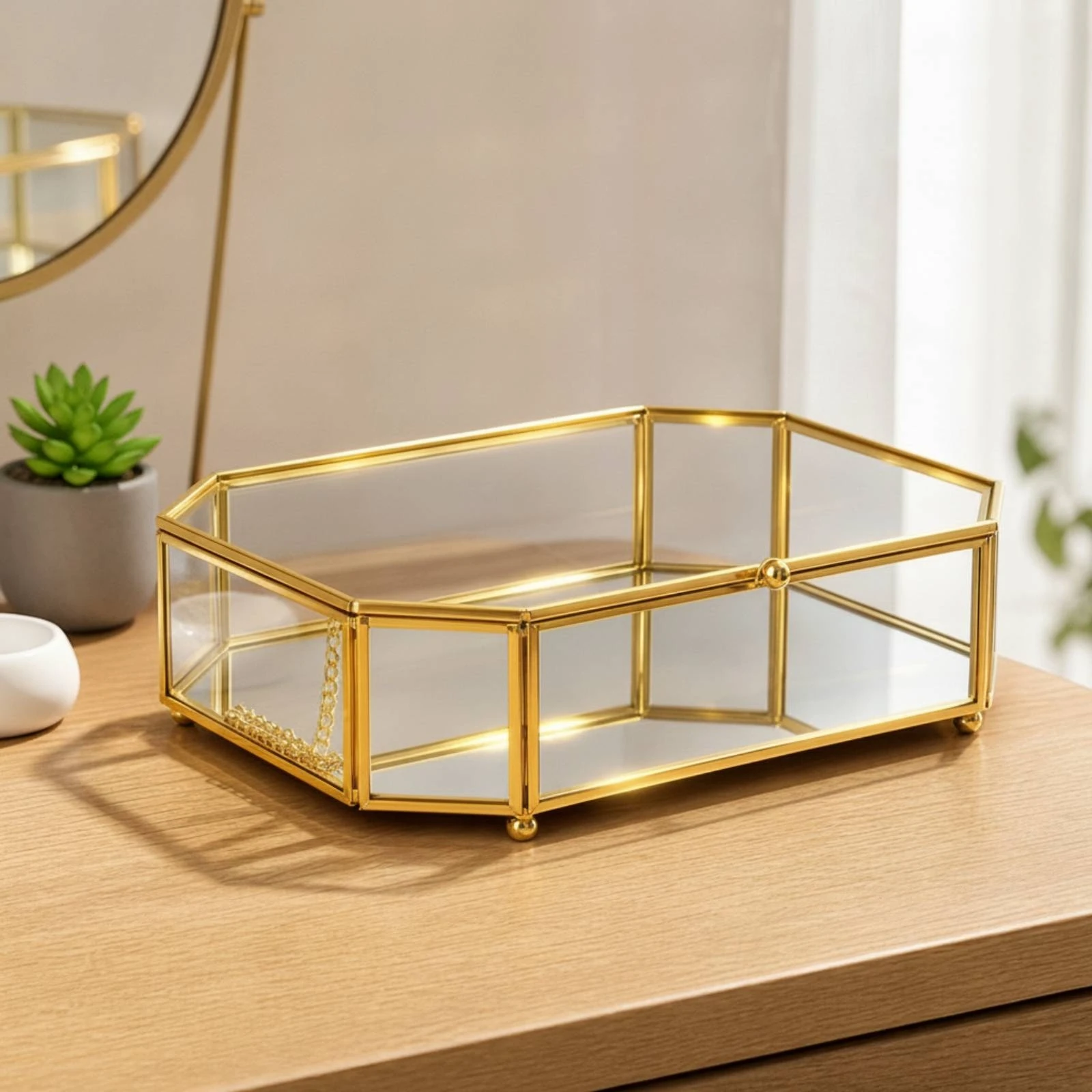 Jewelry Organizer Modern Geometric Glass Jewelry Storage Box for Vanity, Dresser