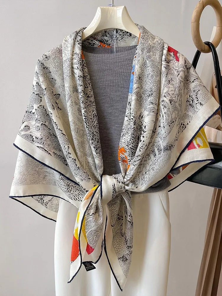 Light luxury silk and real wool scarf large square for women new style air-conditioned shawl outerwear