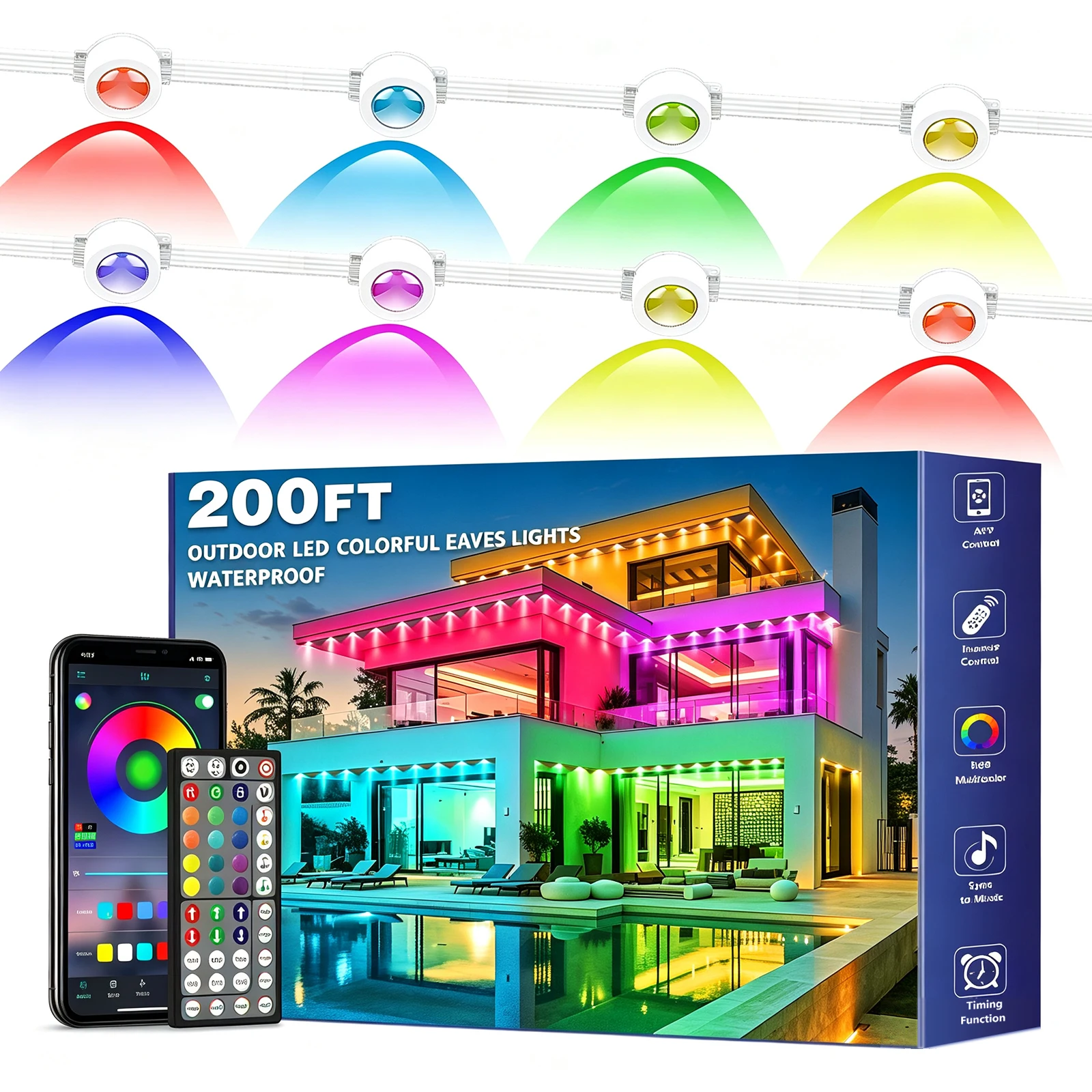 Permanent Outdoor LED Lights 200FT RGB IP67 Waterproof Eaves Lights with App & Remote Control, Music Sync, DIY Scene, Timer, Easy Install for House Patio Roofline Garden
