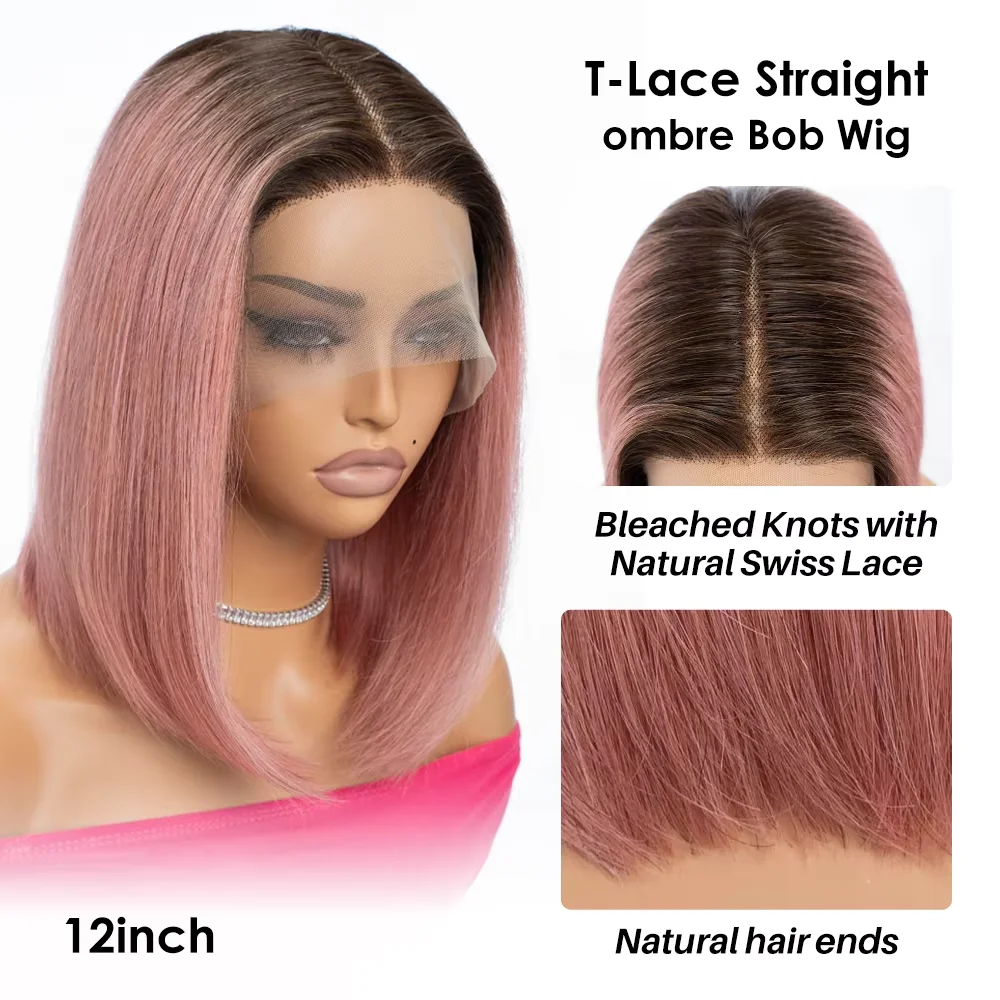 Short Cut Colored Pink Bob T Part Lace Wigs Human Hair Wigs 180D Transparent Ombre Pink Brazilian Straight Lace Front Wigs