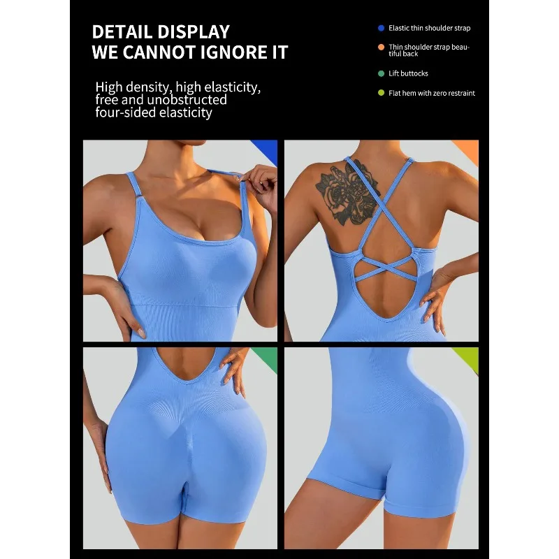 CZGUKEWomen's Sexy Fitness Jumpsuit Cross Adjustable Sports Playsuit One Piece Yoga Suit with Scrunch Shorts And Backless Design