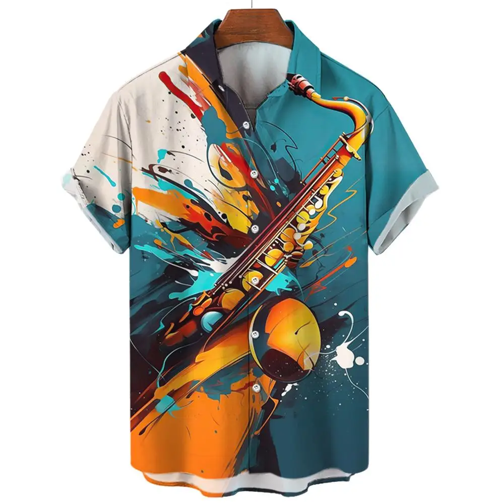 Summer Hawaiian Shirts For Men Music Guitar Printed Tops Clothing Fashion Casual Oversized Collar Rock And Roll Blouses