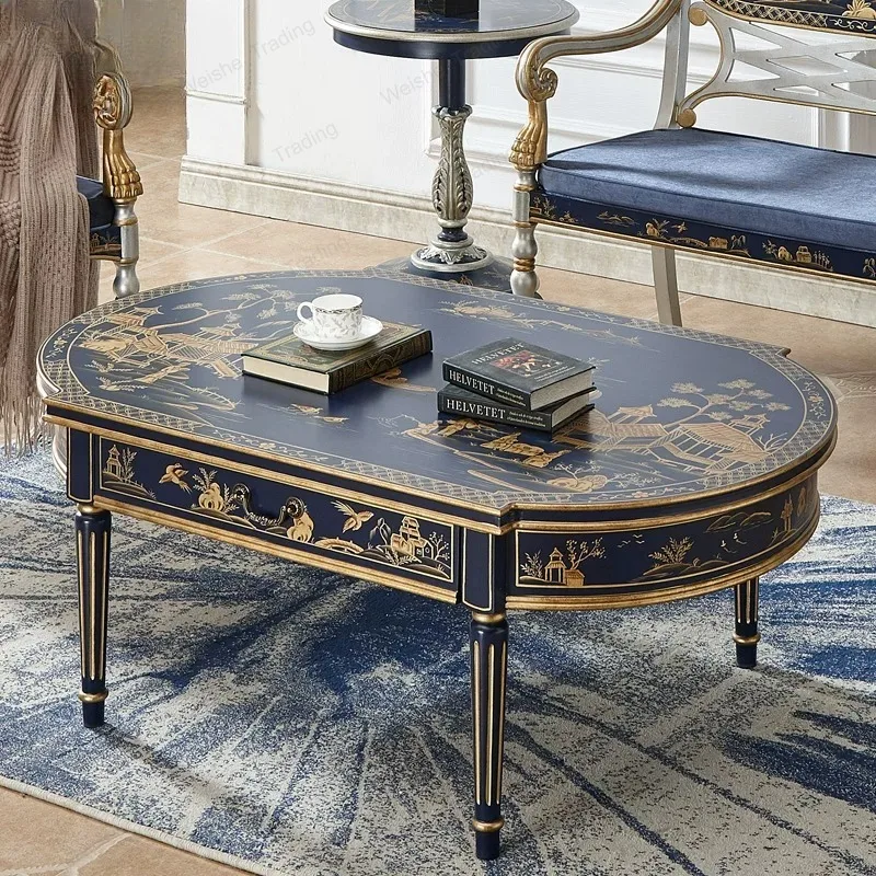 French antique painted oval solid wood coffee table, Mediterranean retro, European classical living room sofa table
