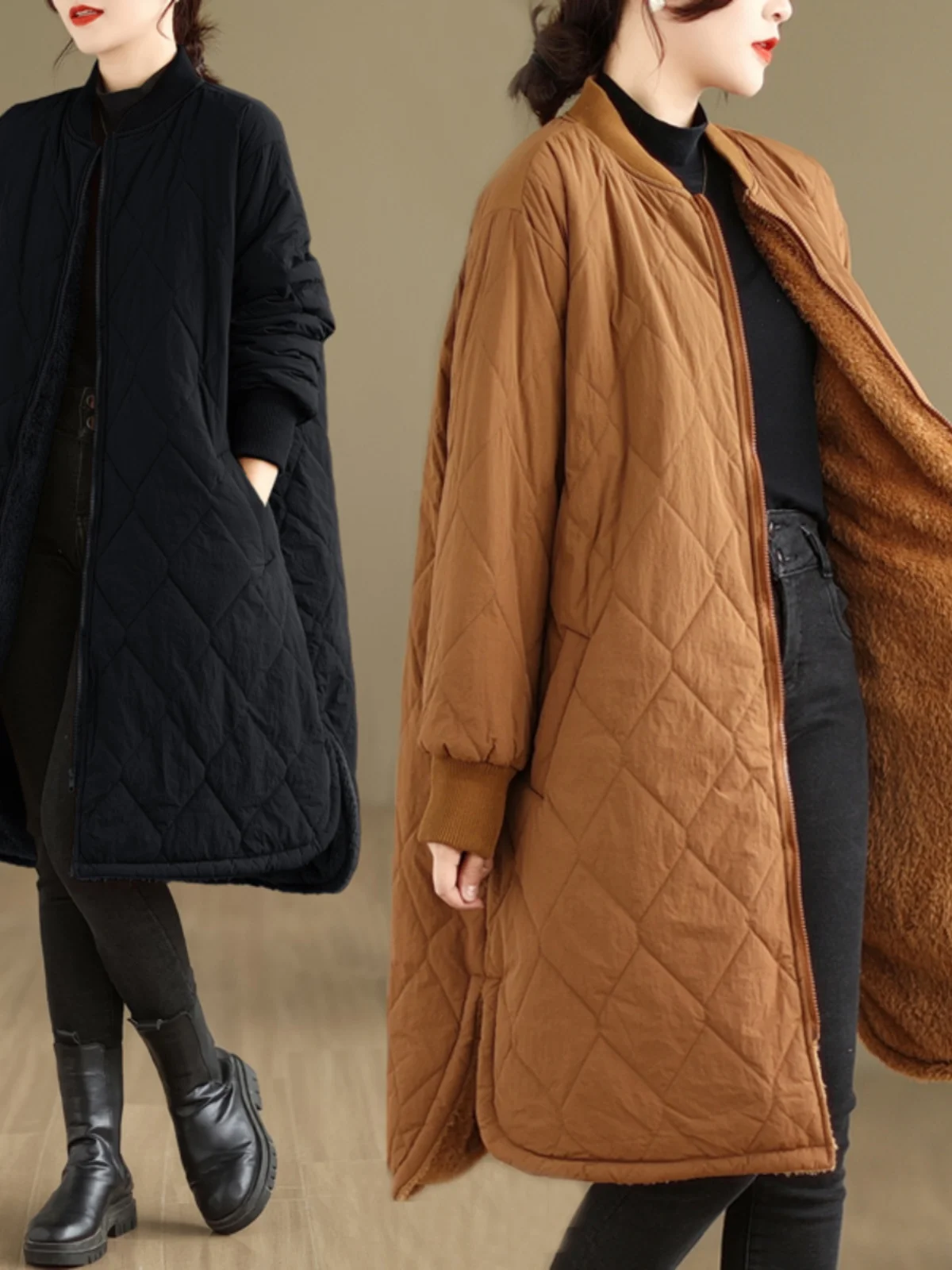 

Lamb Fur Lined Thiened Oversized Cotton Jaet Faionable Mid-Length Winter Outerwear Women's Commute Pure Color Zipper