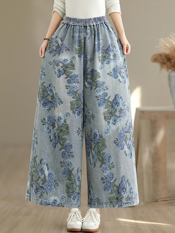 Neue Chinesische Sle Personalisierte Druck Breite Bein Jeans frauen Lose Fit plus Größe Gerade Geschnitten Hosen Retro Baumwolle Polyester