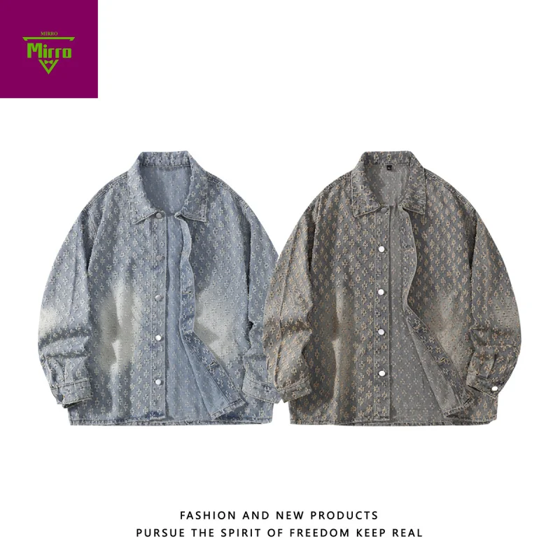 【Mirrordust】Autumn New Jacquard Denim Jacket American Style Loose Versatile cargo Jacket Shirt